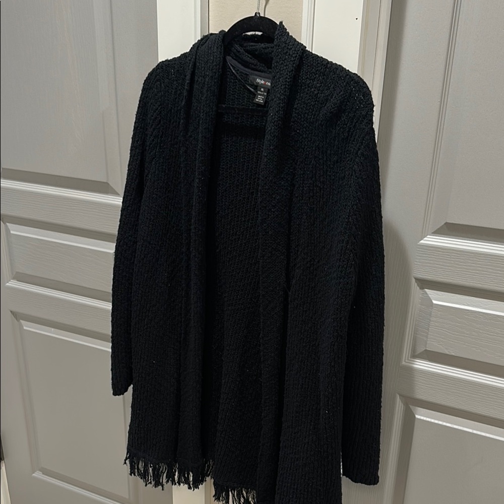 Style & Co Black Knit Cardigan Fringe Bottom open front long